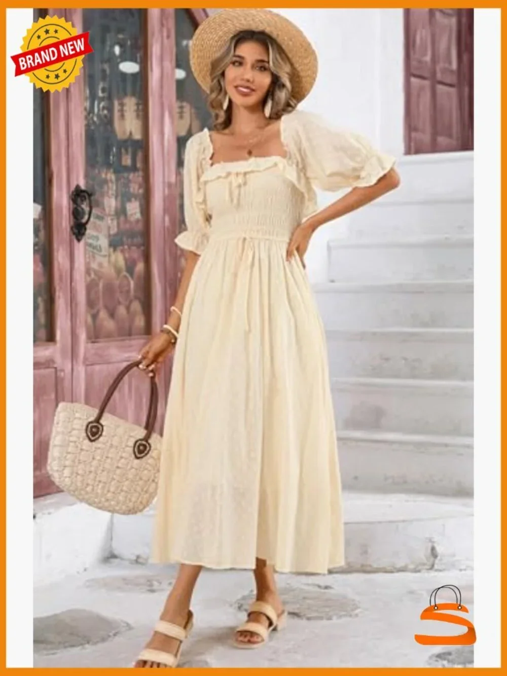 Women Summer Cotton Ruffle Vintage Backless A-Line Flowy Midi Dress